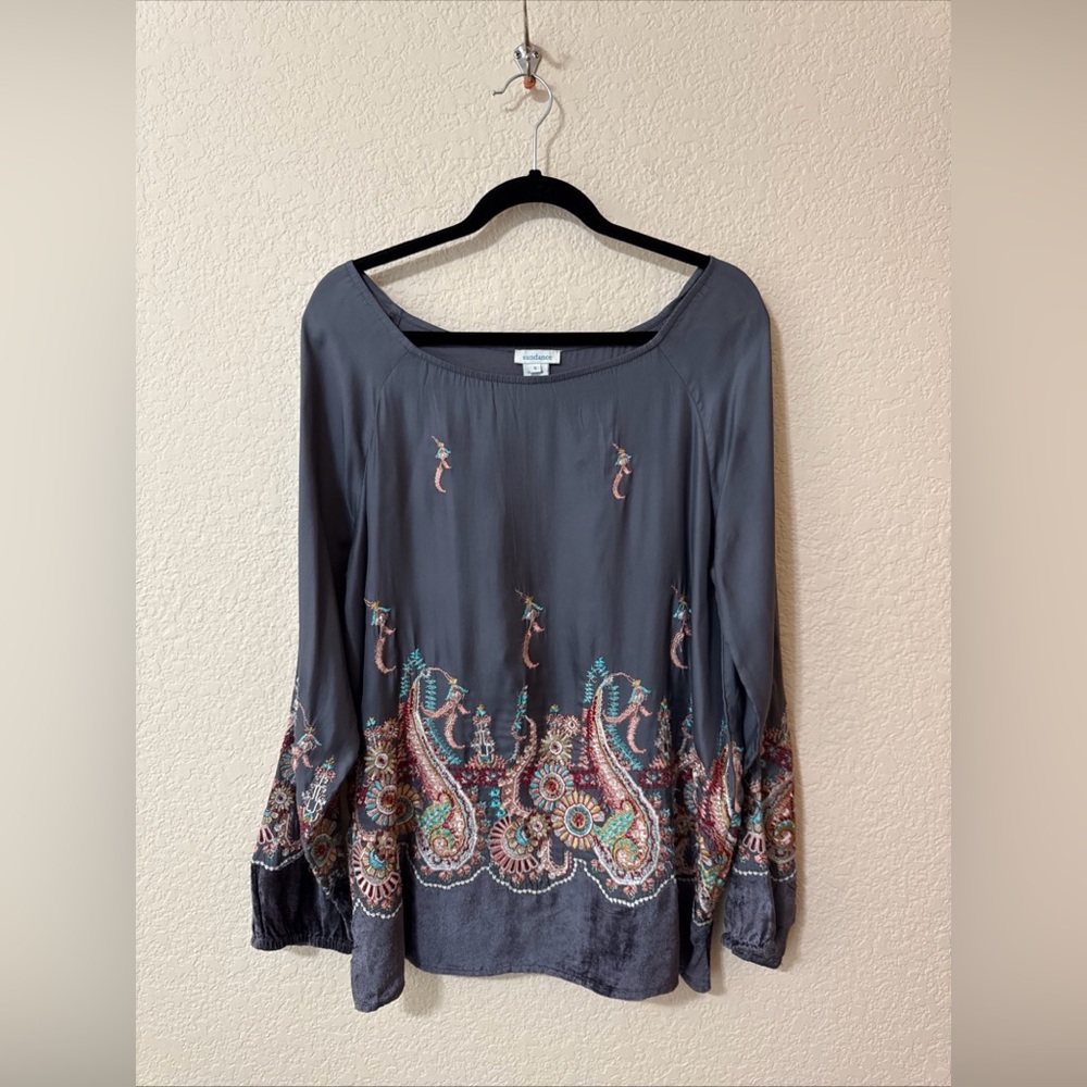 Sundance Women’s Cupro Velvet Embroidered Tunic Top Gray Sz S Paisley Boat Neck